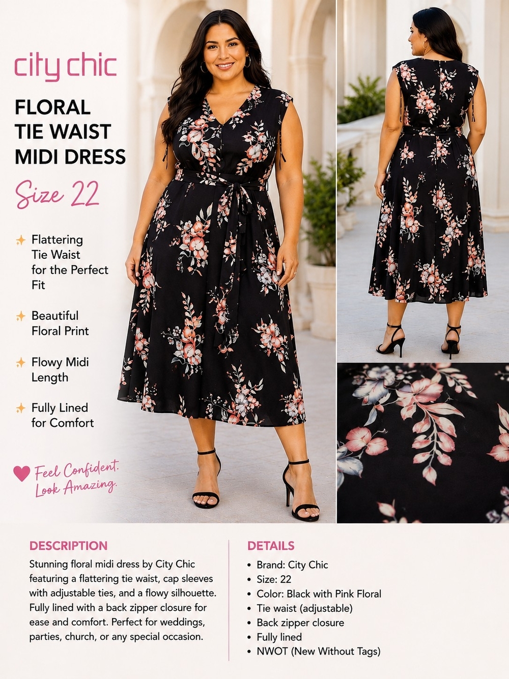 City Chic Black Floral Tie Waist Midi Dress - NWT - sz 22